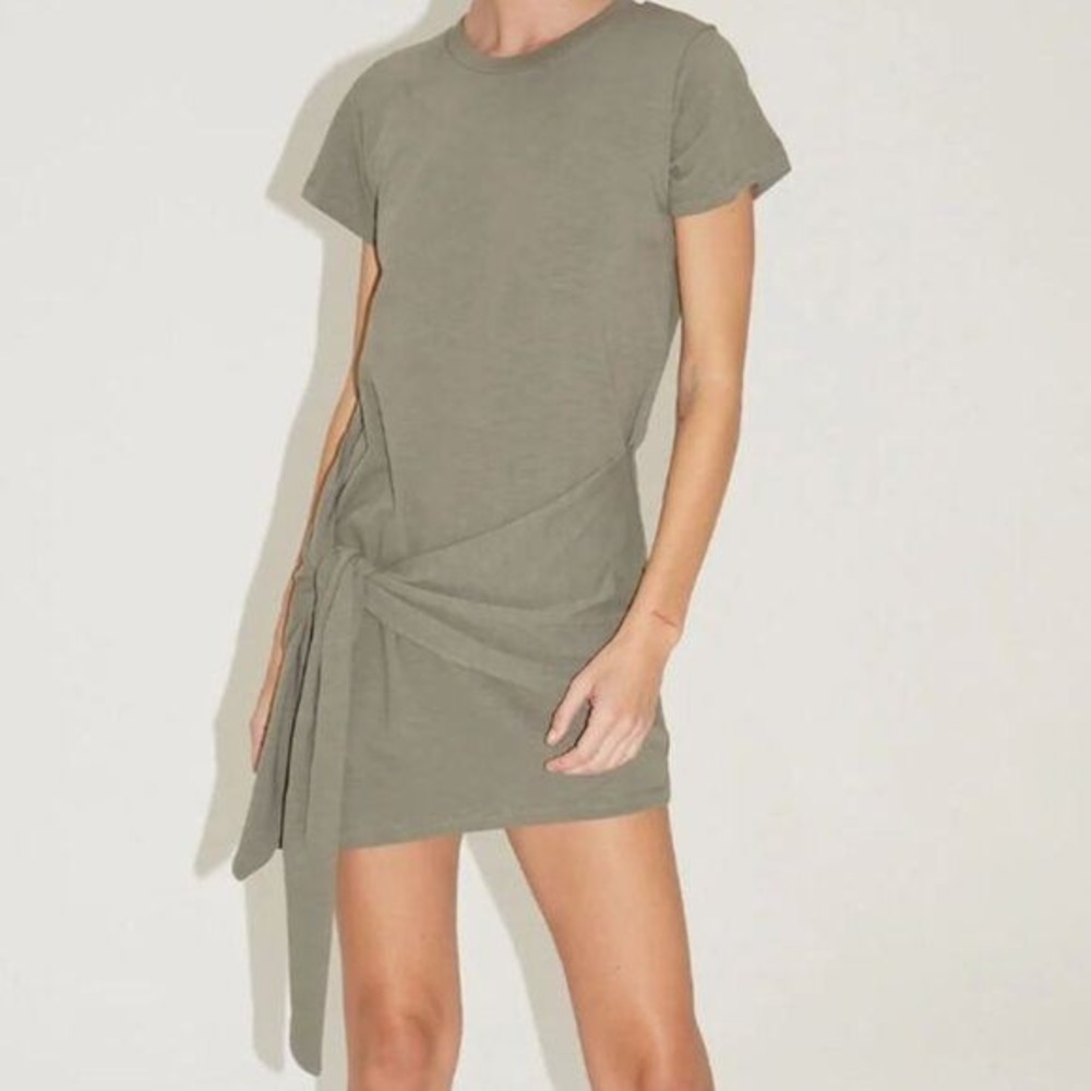 Revolve LNA Charlie‎ Tie Waist T-Shirt Dress L Olive Green Slub Knit Cotton Mini